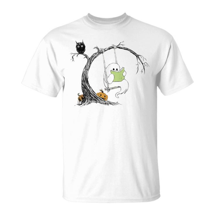 Cute Ghost Costume Reading Book Halloween T-Shirt