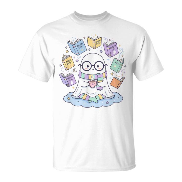 Cute Ghost Reading Books Spooky Magical Tales Witchy T-Shirt