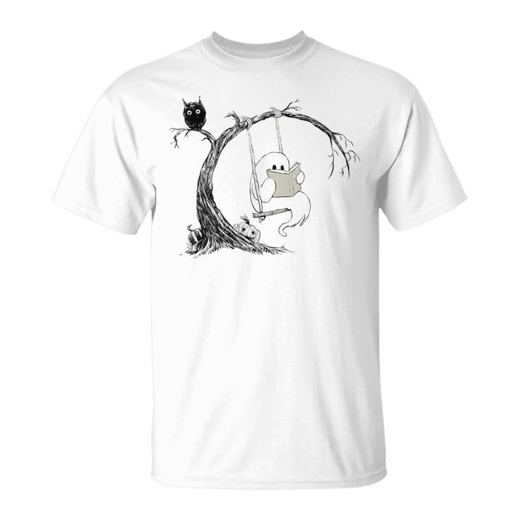 Cute Ghost Swinging Reading Book Halloween Ghost Costume T-Shirt