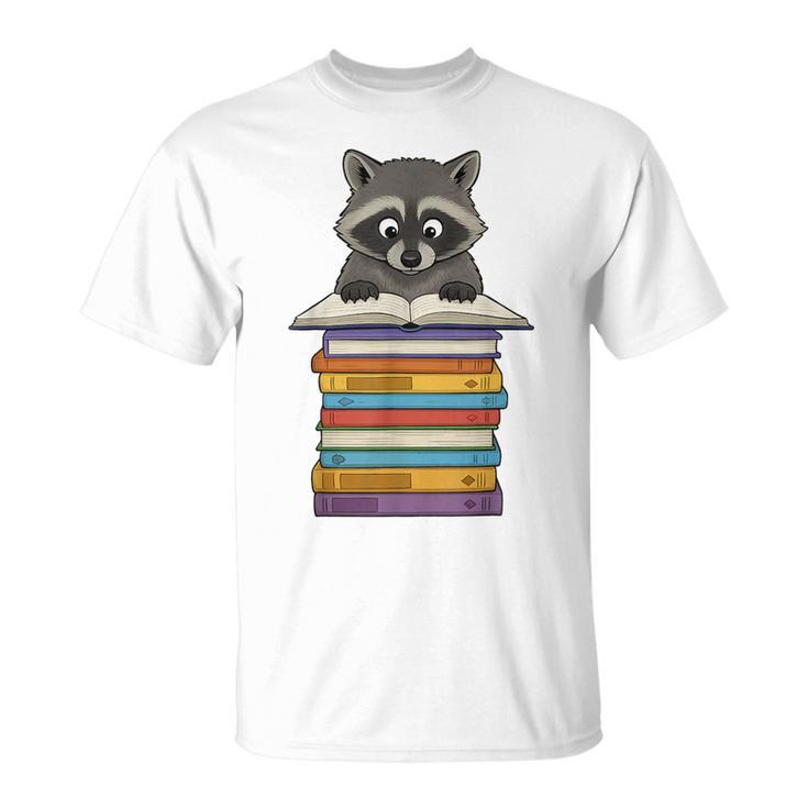 Cute Raccoon Reading On Pile Of Books T-Shirt