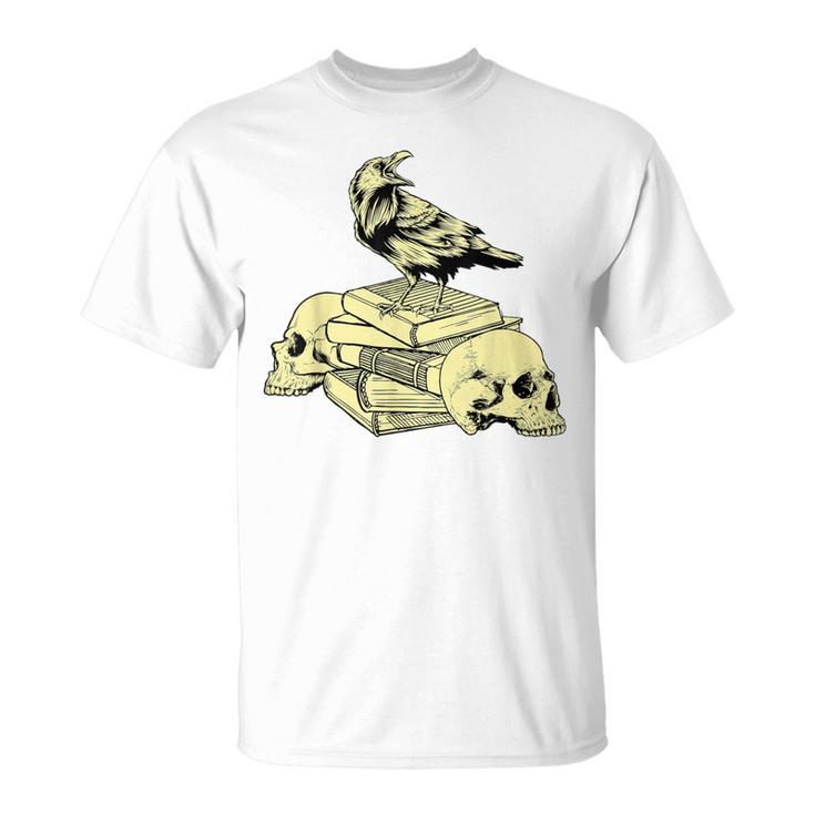 Dark Academia Aesthetic Raven Crow On Old Books Skull Goth T-Shirt