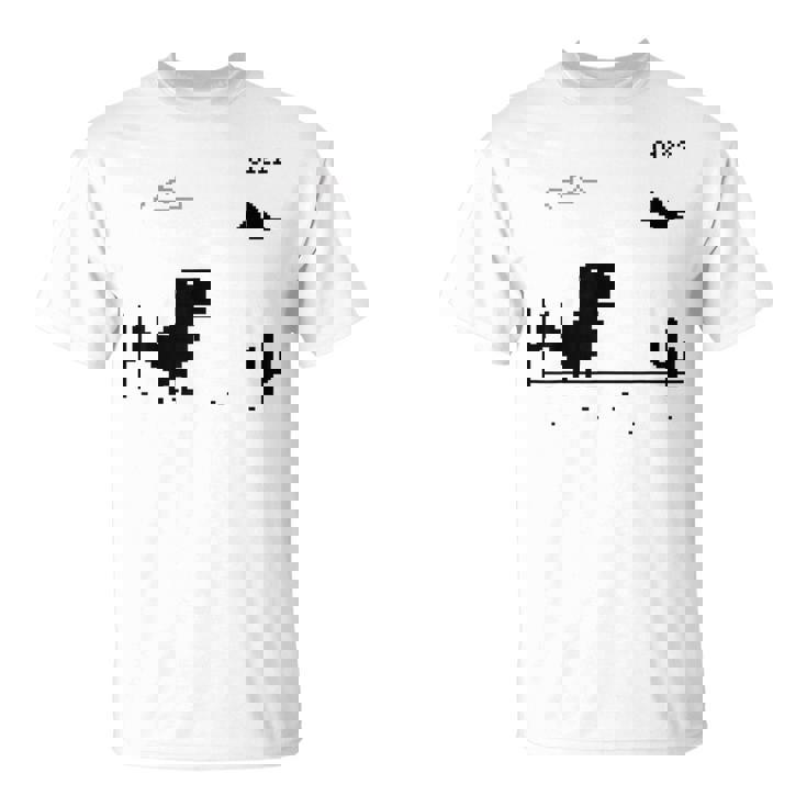 Dino T-Rex 恐竜 ピクセルゲーム インターネットなし オフライン 面白い 男性 Tシャツ