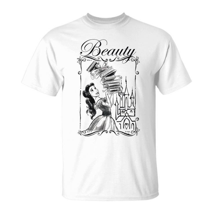 Disney Beauty And The Beast Belle Book Stack Sketch Portrait T-Shirt
