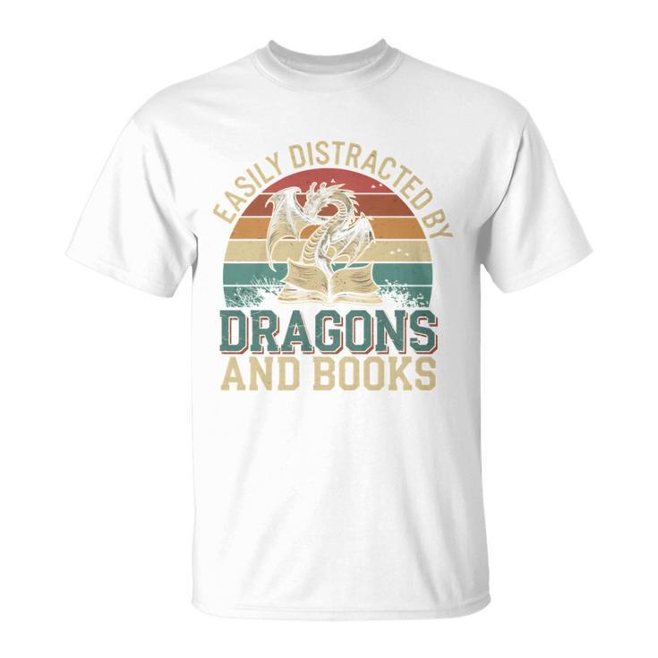 Easily Distracted By Books & Dragons Bookworm Reading T-Shirt