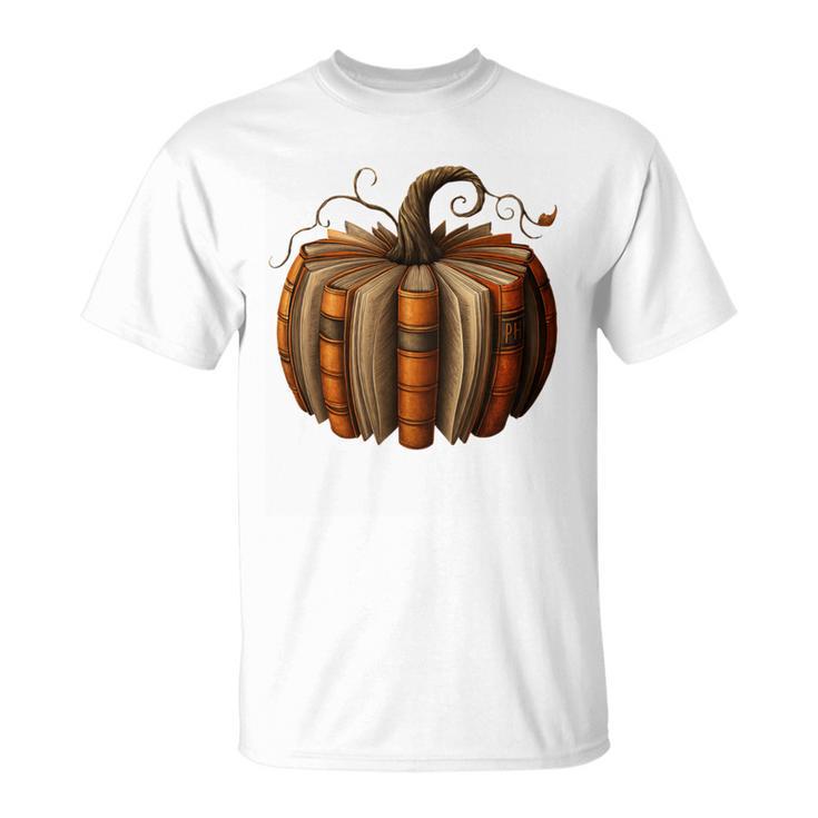 Fall Book Pumpkin Halloween Retro Fall Librarians Bookworm T-Shirt