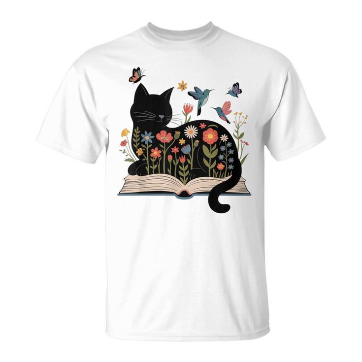 Floral Cat Reading Book Kitten Illustration T-Shirt