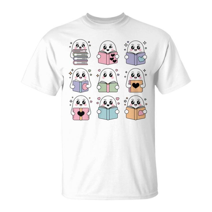 Halloween Ghosts Reading Books Pattern Spooky Kawaii Anime T-Shirt