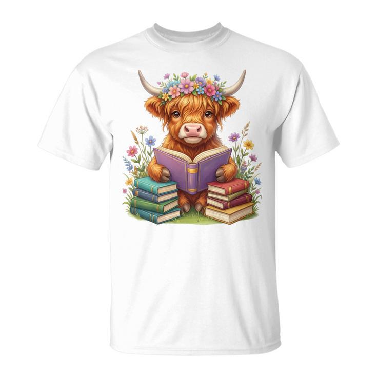 Highland Cow Book Floral Bookworm Librarian Cute Easter Day T-Shirt