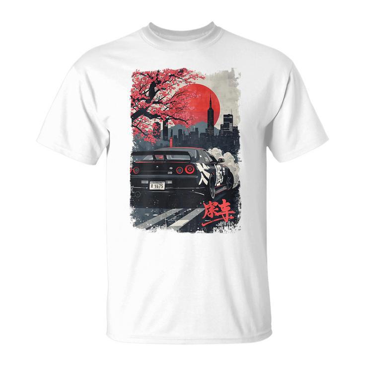 Jdm ドリフトレーシングカー 日本桜アート 背面 Tシャツ