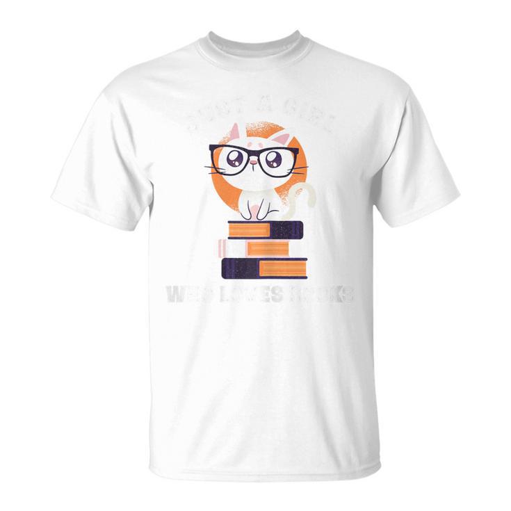 Just A Girl Who Loves Books Fun Nerd Cat Book Reading Shirt T-Shirt