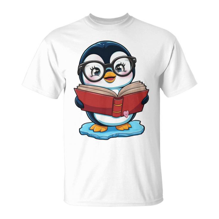 Kawaii Penguin In Cartoon Style With Book And Glasses T-Shirt