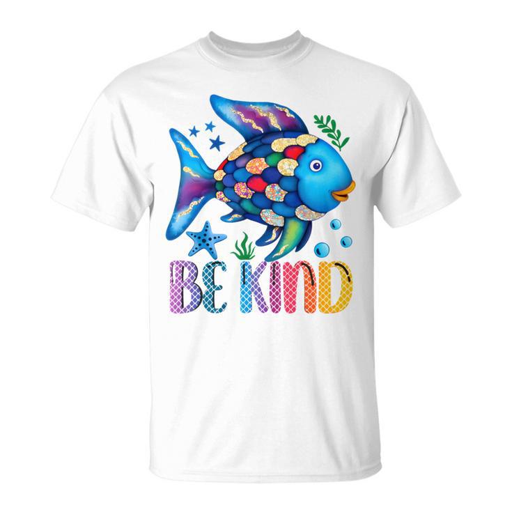 Kids Be Kind Rainbow Scale Fish Teacher Reading Book Toddler T-Shirt