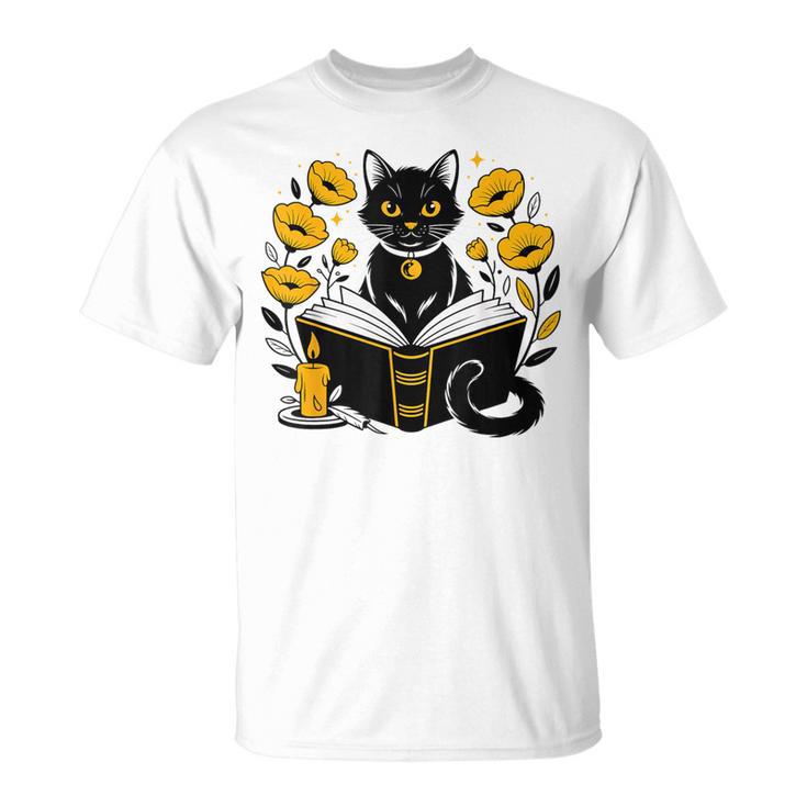 Mystic Cat With Spell Book Candle Flowers Witchcore Men Women Kids T-Shirt