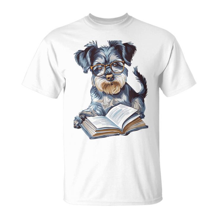 Nerdy Schnauzer Dog Book Lover Glasses Cute Pet For Men Women Kids T-Shirt