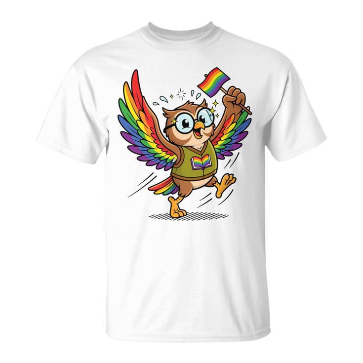 Owl With Pride Flag Book Lover Rainbow Library T-Shirt