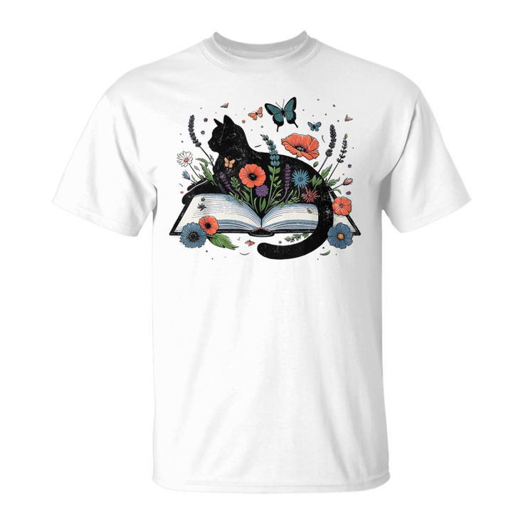 Retro Cute Cat Floral Book Librarian Vintage Floral Cat Book T-Shirt