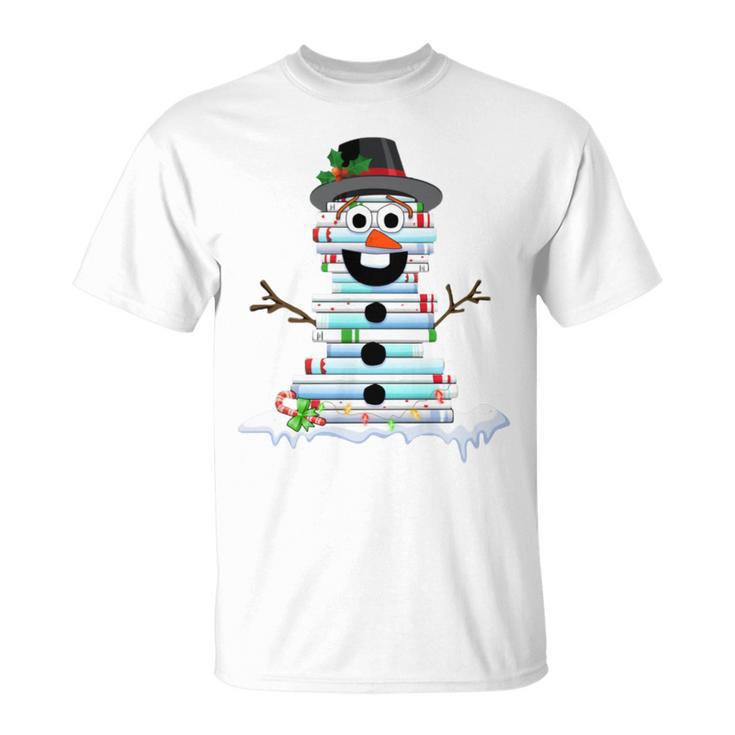 Snowman Book Stack Librarian Book Lover Christmas T-Shirt