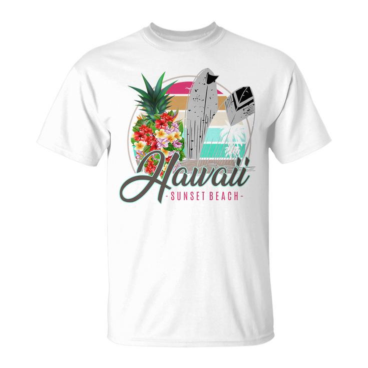 Sunset Beach Hawaii、サーフィンサーフボードレトロ、バックプリント 長袖tシャツ Tシャツ