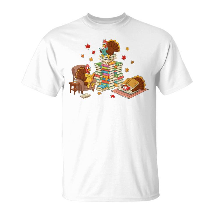 Turkey Reading Books Fall Librarian Book Lover Teacher Kids T-Shirt