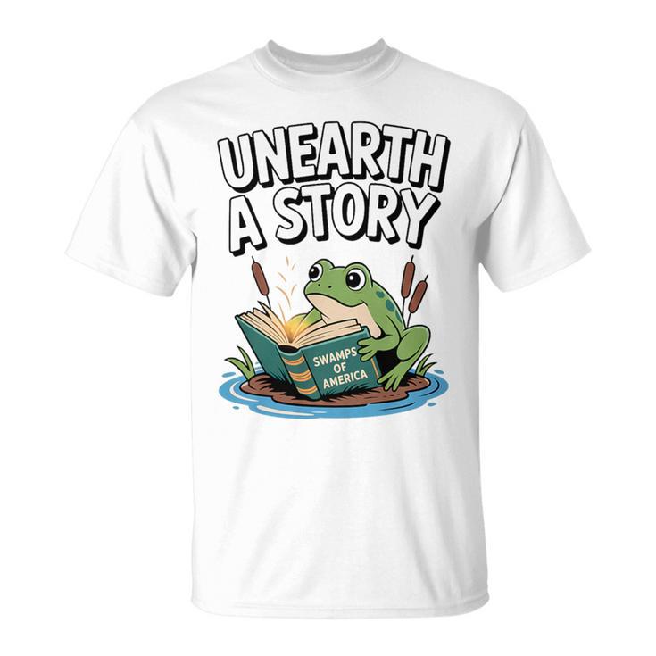 Unearth a Story Frog Reading a Book Summer 2026 Premium Tri-Blend T-Shirt