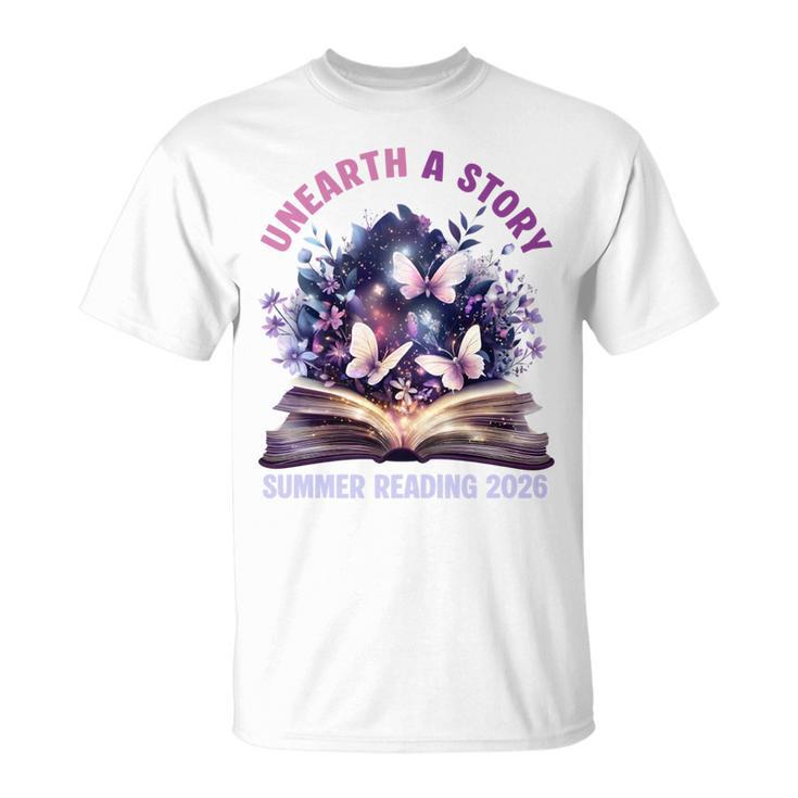 Unearth a Story Summer Library Reading 2026 Butterfly Book T-Shirt