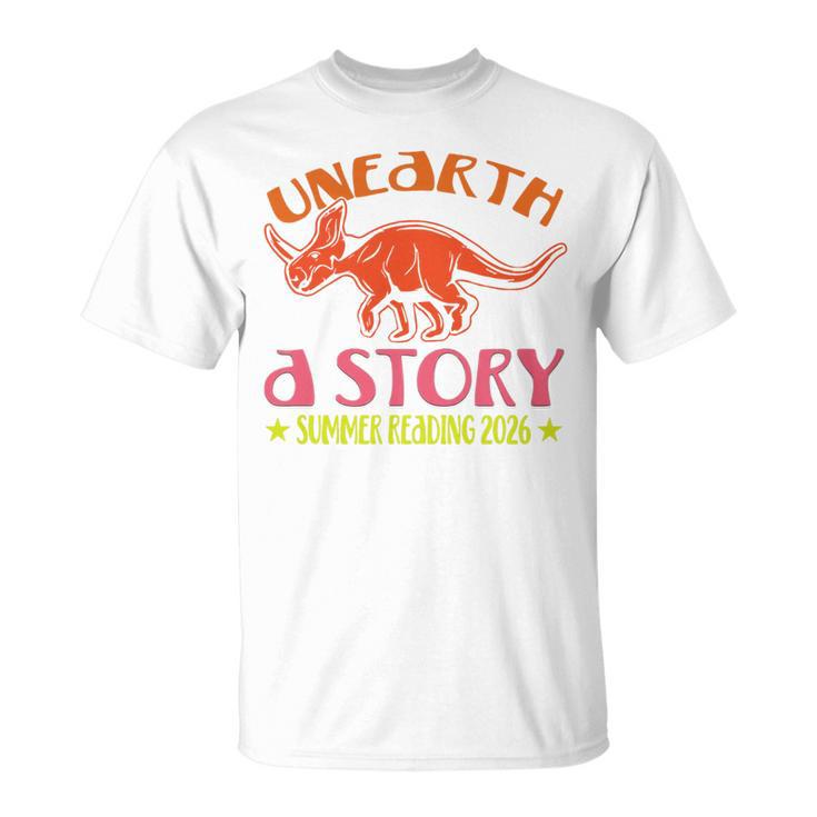 Unearth a Story Summer Reading 2026 Triceratops Dino Book Premium Tri-Blend T-Shirt