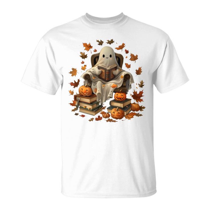 Vintage Ghost Book Reading Pumpkin Gothic Halloween Teachers T-Shirt