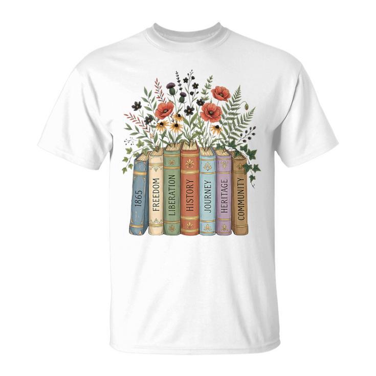 Women's Juneteenth 1865 Freedom Books Botanical Wildflower Graphic T-Shirt