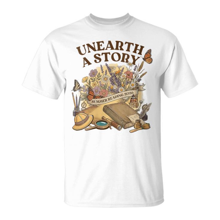 Women's Unearth A Story Summer Reading 2026 Flower Butterfly Book T-Shirt