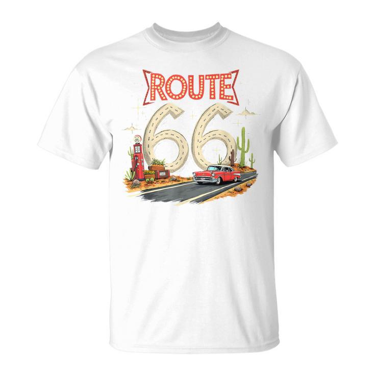 クラシック レトロ ルート66 砂漠の情景 赤 ヴィンテージ 車 Tシャツ