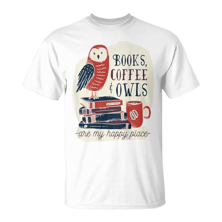 バックプリントの本、コーヒー、フクロウのおかしな幸せ Tシャツ