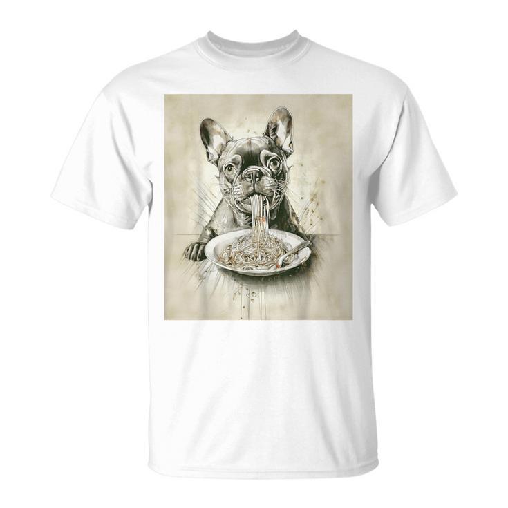 フレンチブルドッグ スパゲッティ モノクロ アート ブラック ホワイト ドッグ Tシャツ
