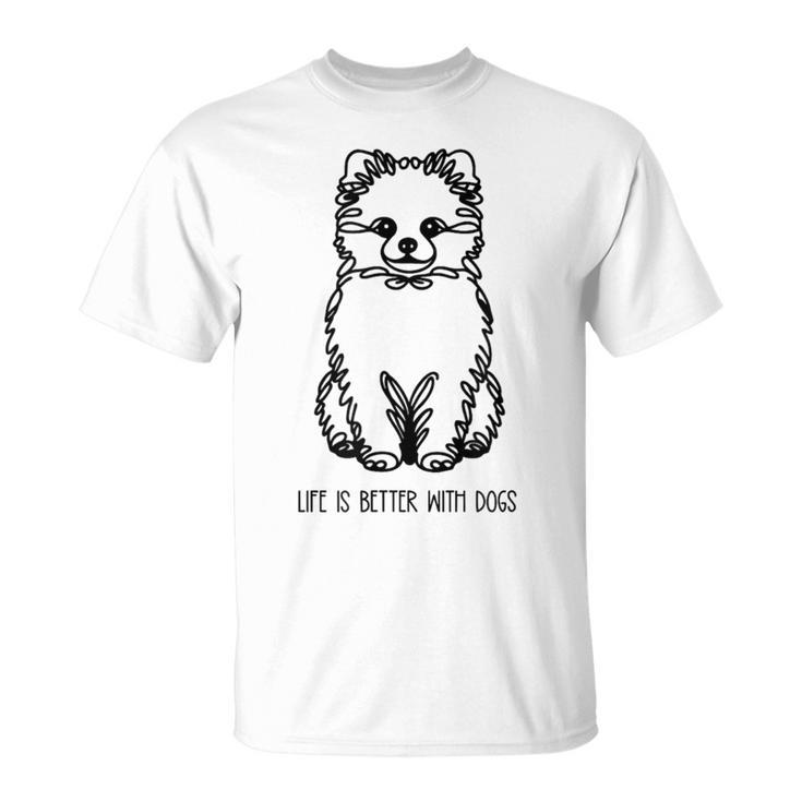 ポメプー シルエット ラインアート 犬がいると人生はもっと楽しい デザイン Tシャツ