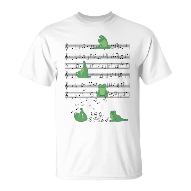 ヨガをしているかわいいカエル 音符 音記号 ミュージシャンアート 長袖tシャツ Tシャツ