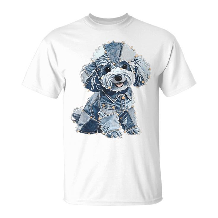レトロデニムパッチプードル ドッグアート 芸術的 Tシャツ