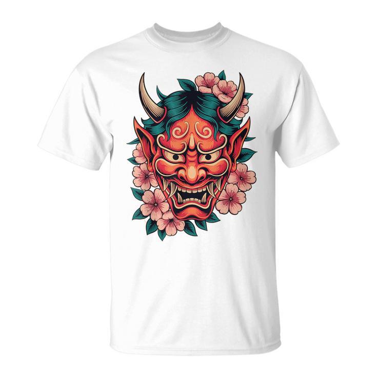 日本の鬼妖怪 悪魔 桜 般若鬼 おに面 Tシャツ