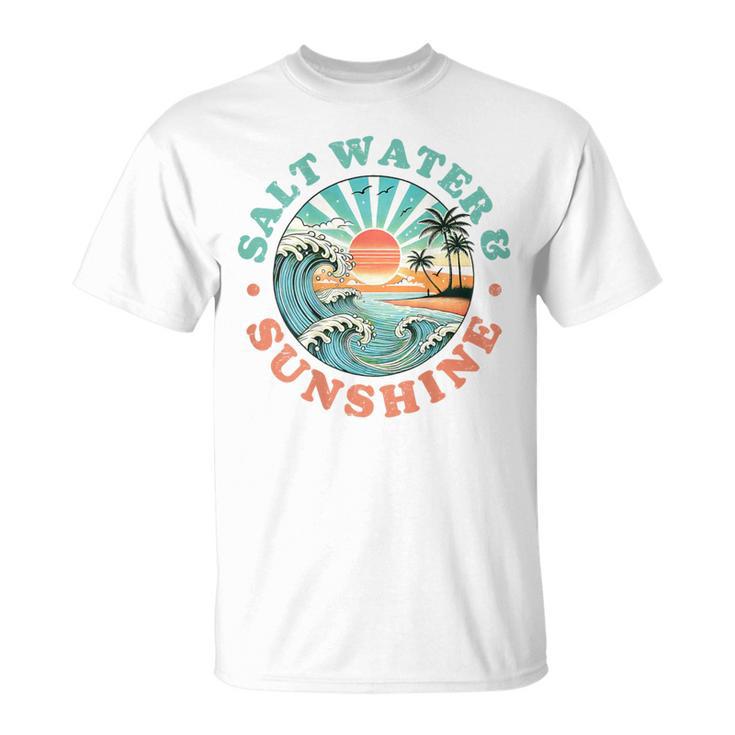 海水と日光 レトロ ビーチ 波 夕日 ヤシの木 Tシャツ