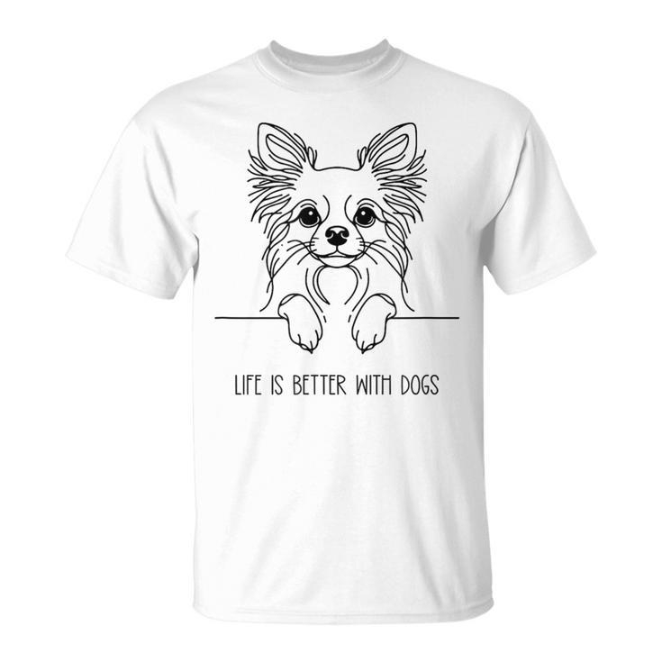 犬と一緒なら人生はもっと良くなる チワワ ラインアート ロングコートチワワ タイプ1 Tシャツ
