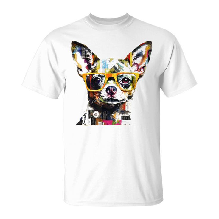 黄色のメガネを着たチワワ 明るい色 Tシャツ