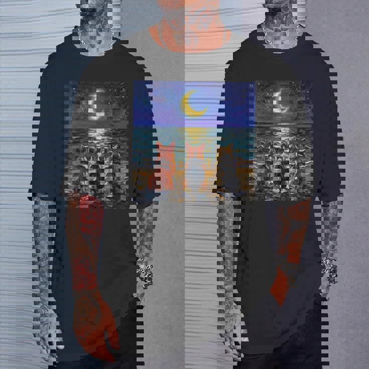 3 コーギーの夜のビーチかわいい犬と三日月のアートワーク Tシャツ 彼への贈り物