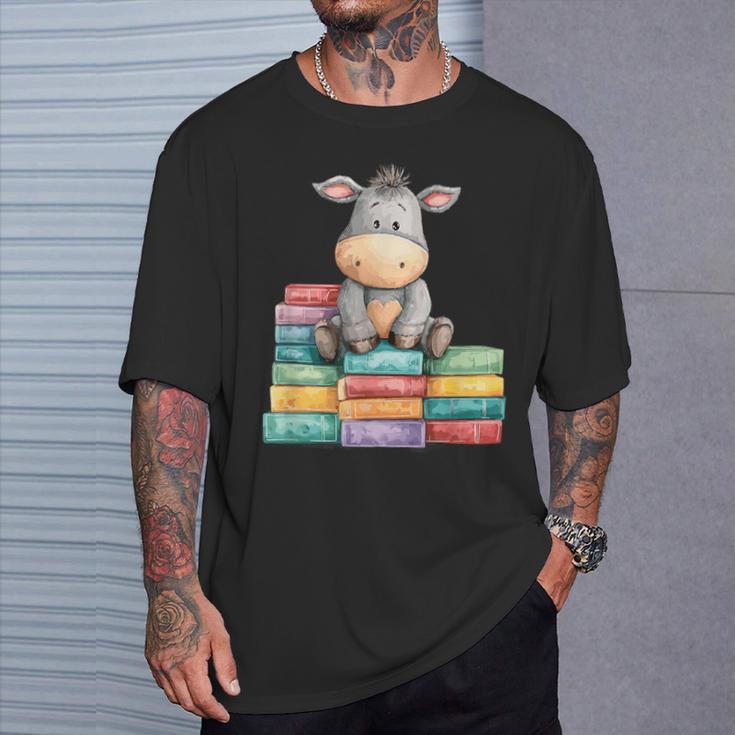 Adorable Donkey With Heart Sitting On Colorful Book Stack T-Shirt Gifts for Him