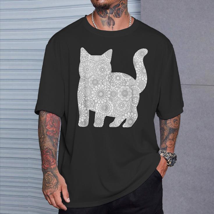 Adult Coloring Book CAT Mandala Flowers T-Shirt T-Shirt Gifts for Him