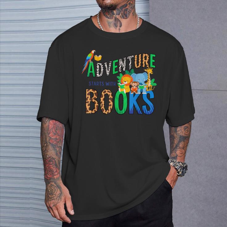 Adventure Starts With Books Jungle Animals Kids Reading Them T-Shirt Gifts for Him