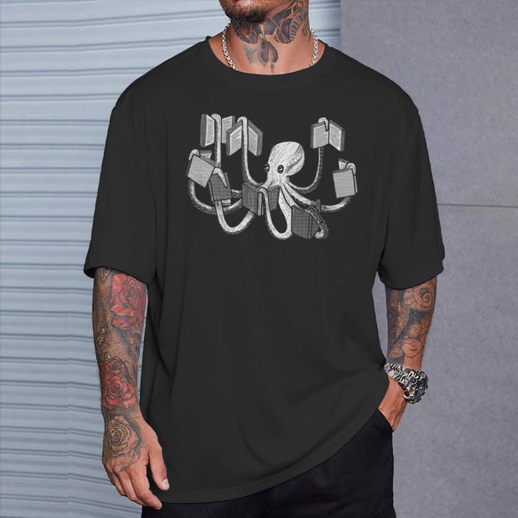 Animal Readers Armed With Knowledge Book Loving Octopus Librarian Art T-Shirt Gifts for Him