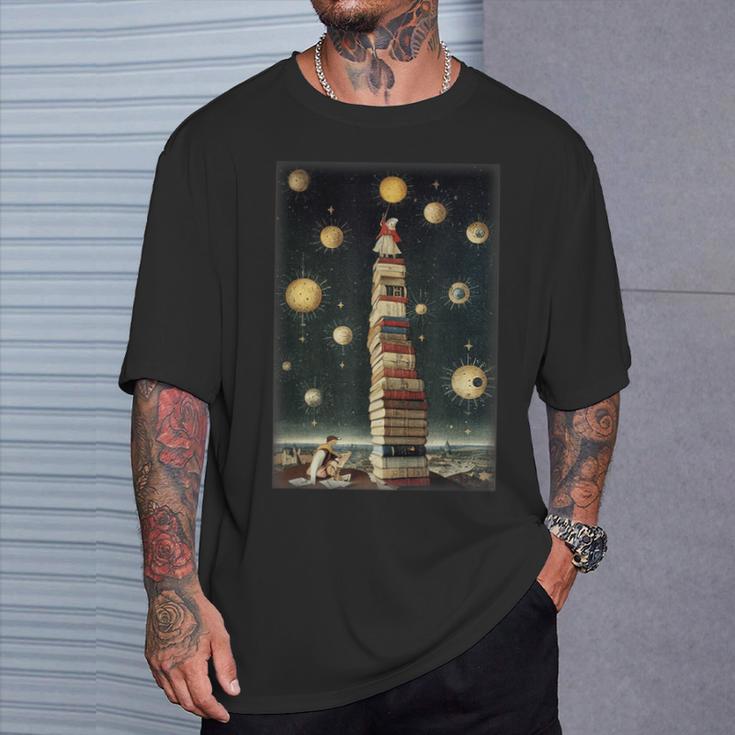 Astrologist Sitting On The Tower Of Stacked Up Books Starry T-Shirt Gifts for Him