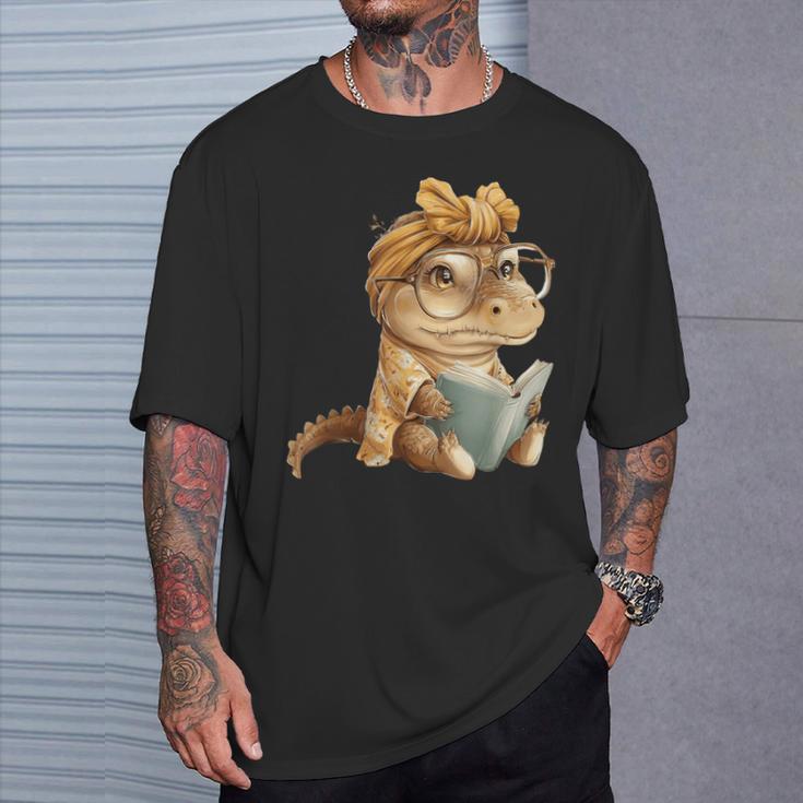 Baby Crocodile Small Book Reading Reptile Graphic Portrait T-Shirt Gifts for Him