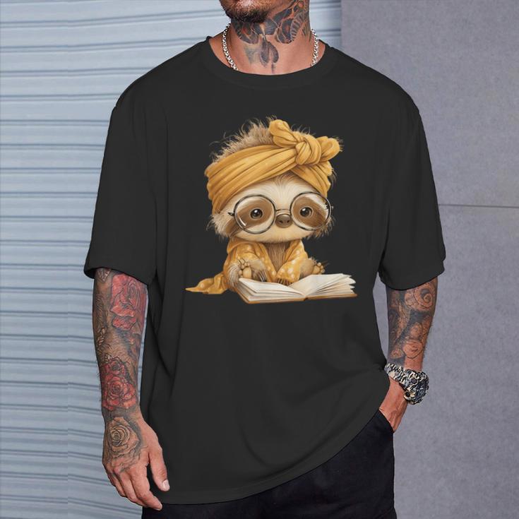 Baby Sloth Open Book Reading Animal Lover Graphic Portrait T-Shirt Gifts for Him
