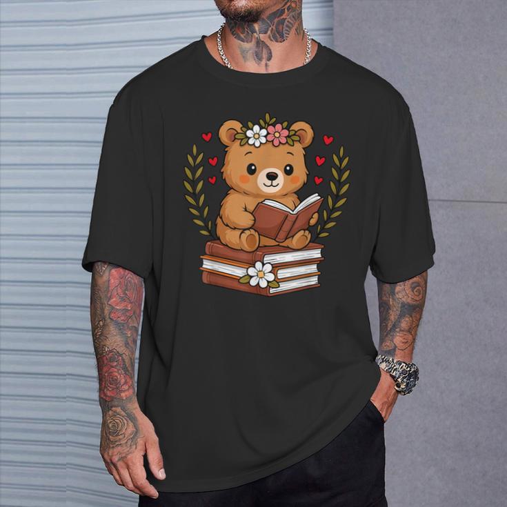 Bear Reading Book Graphic Bear With Book Floral T-Shirt Gifts for Him