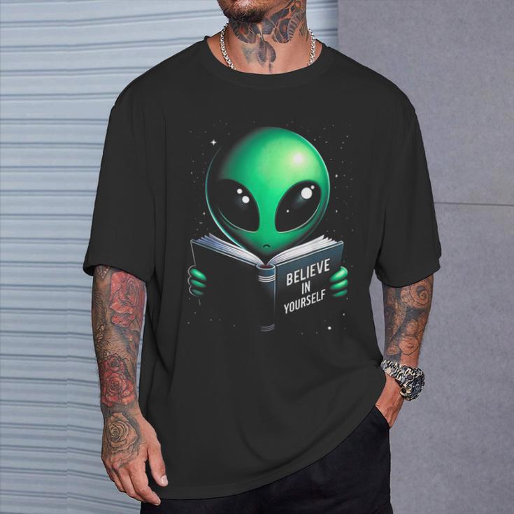 Believe In YourSelf Cute Alien Reading Book T-Shirt Gifts for Him