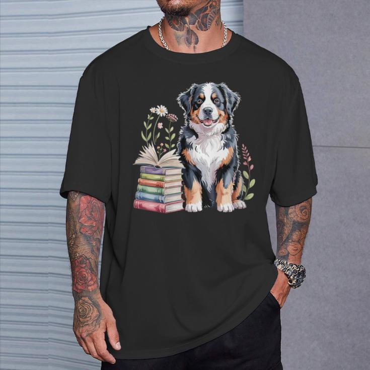 Bernese Mountain Dog Berner Bookworm Flowers Book Reading T-Shirt Gifts for Him